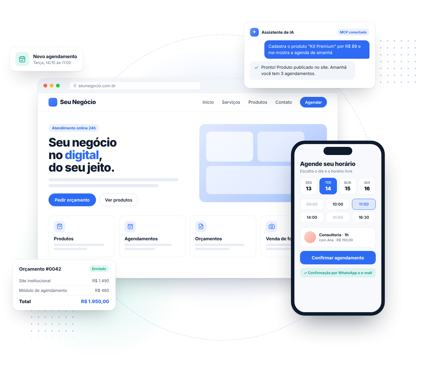 Crie o site do seu negócio hoje.
Depois, atualize só conversando.
